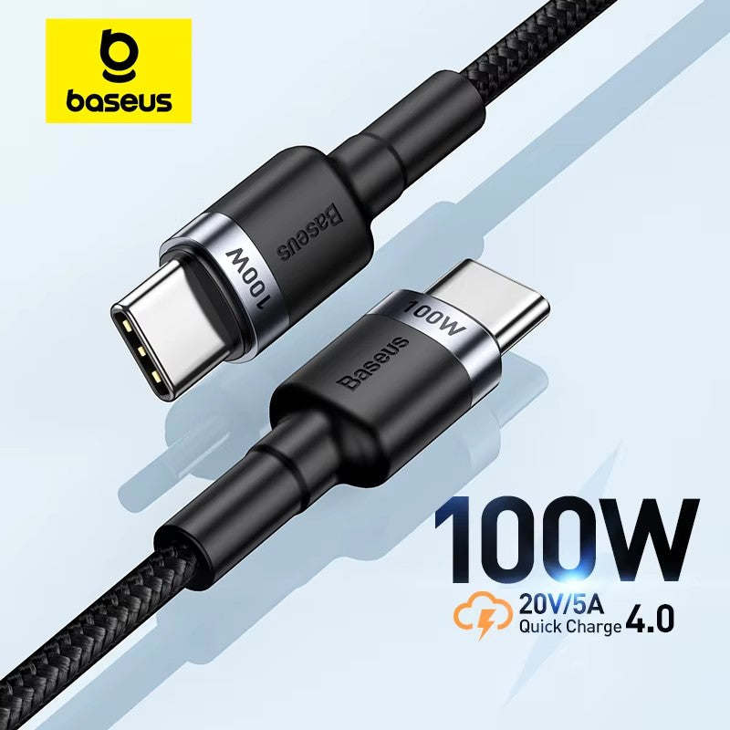 My Store Baseus 100W USB-C to USB-C fast charging cable with durable black braided nylon and reinforced connectors.