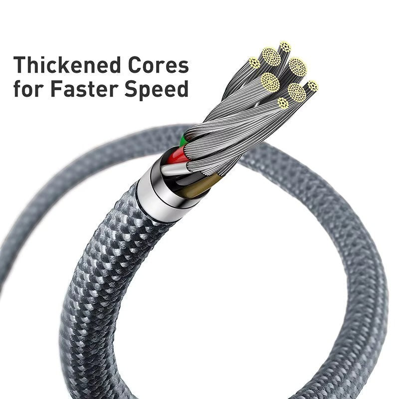 My Store Baseus braided charging cable showing internal thickened copper wire cores for fast data and power delivery