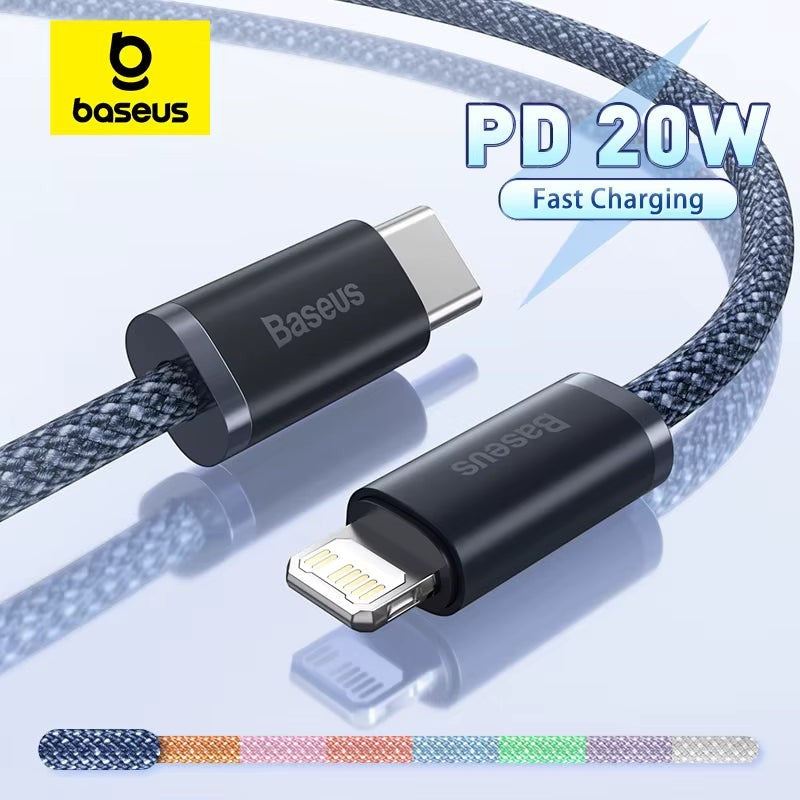 My Store Baseus braided USB-C to Lightning cable with 20W PD fast charging support and durable grey woven exterior