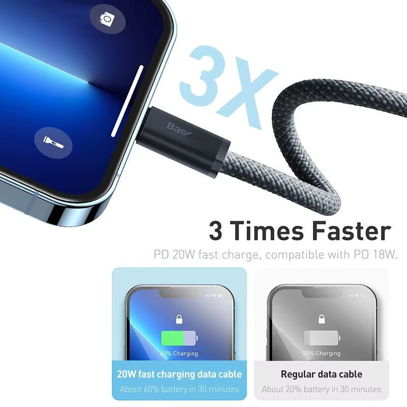 My Store Baseus braided charging cable connected to a smartphone showing 3x faster PD 20W charging performance