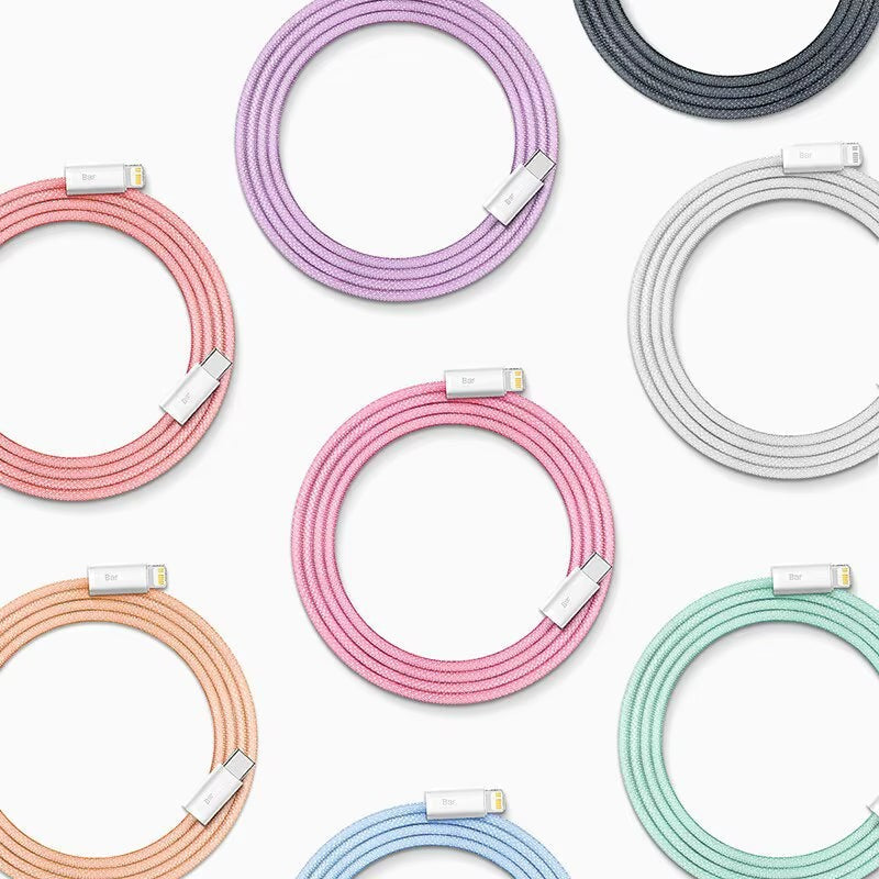 My Store Baseus braided charging cables in various pastel colors with reinforced metallic connectors