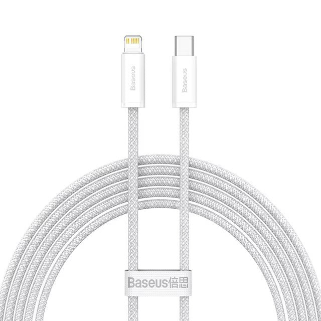 My Store Baseus white braided USB-C to Lightning charging cable with reinforced connectors for mobile devices