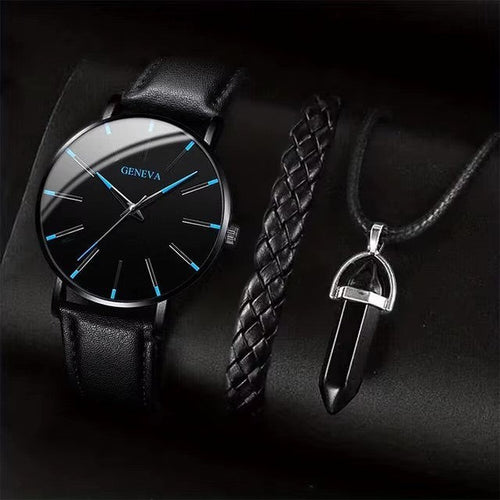 My Store GENEVA wristwatch with black dial and blue markers, braided leather bracelet, and pendant necklace set.