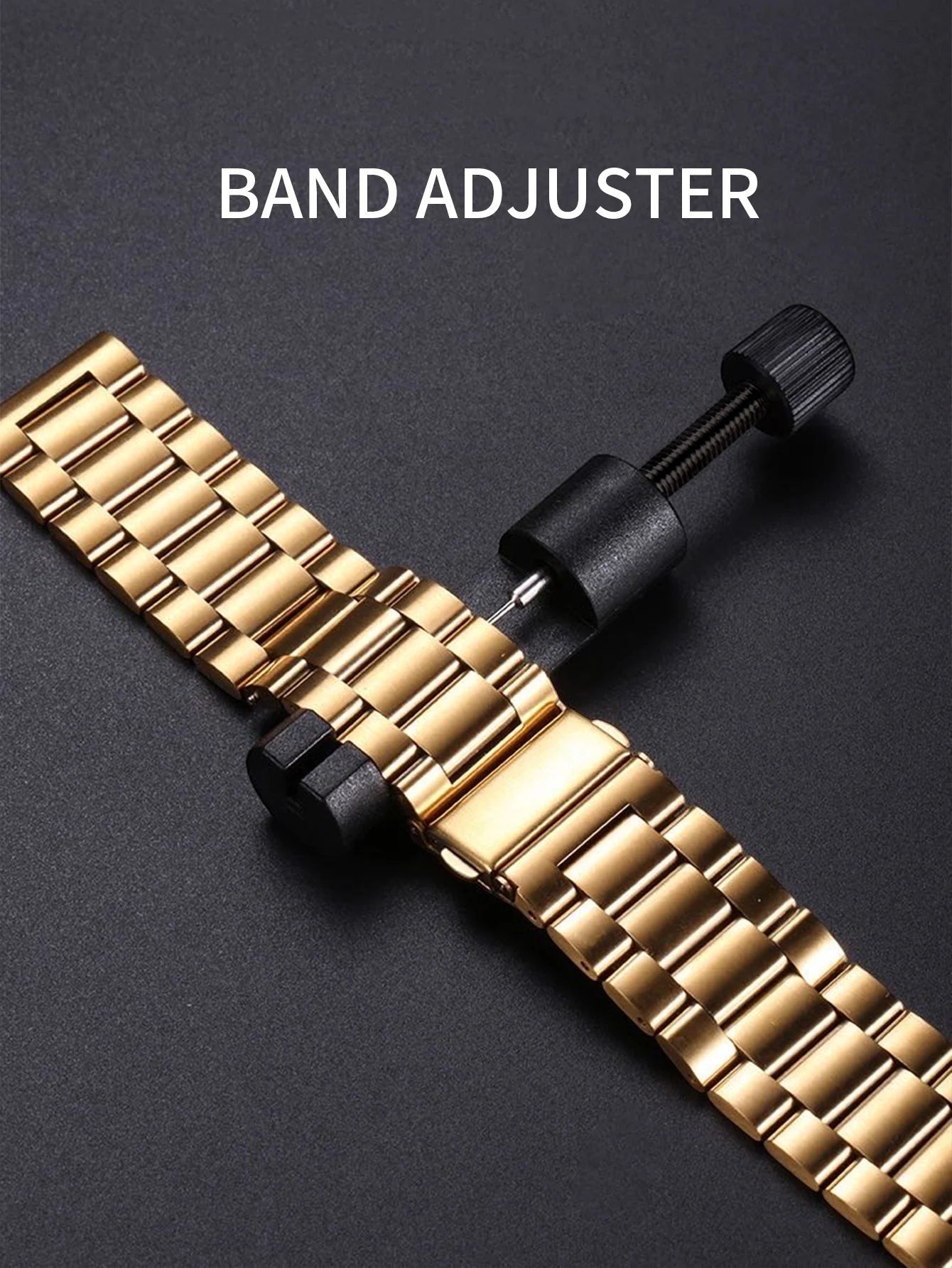 My Store gold-tone stainless steel watch band being adjusted with a black metal link removal tool