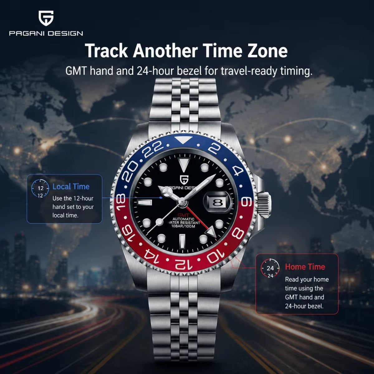 My Store PAGANI DESIGN automatic stainless steel watch with red and blue Pepsi bezel and GMT hand on world map background