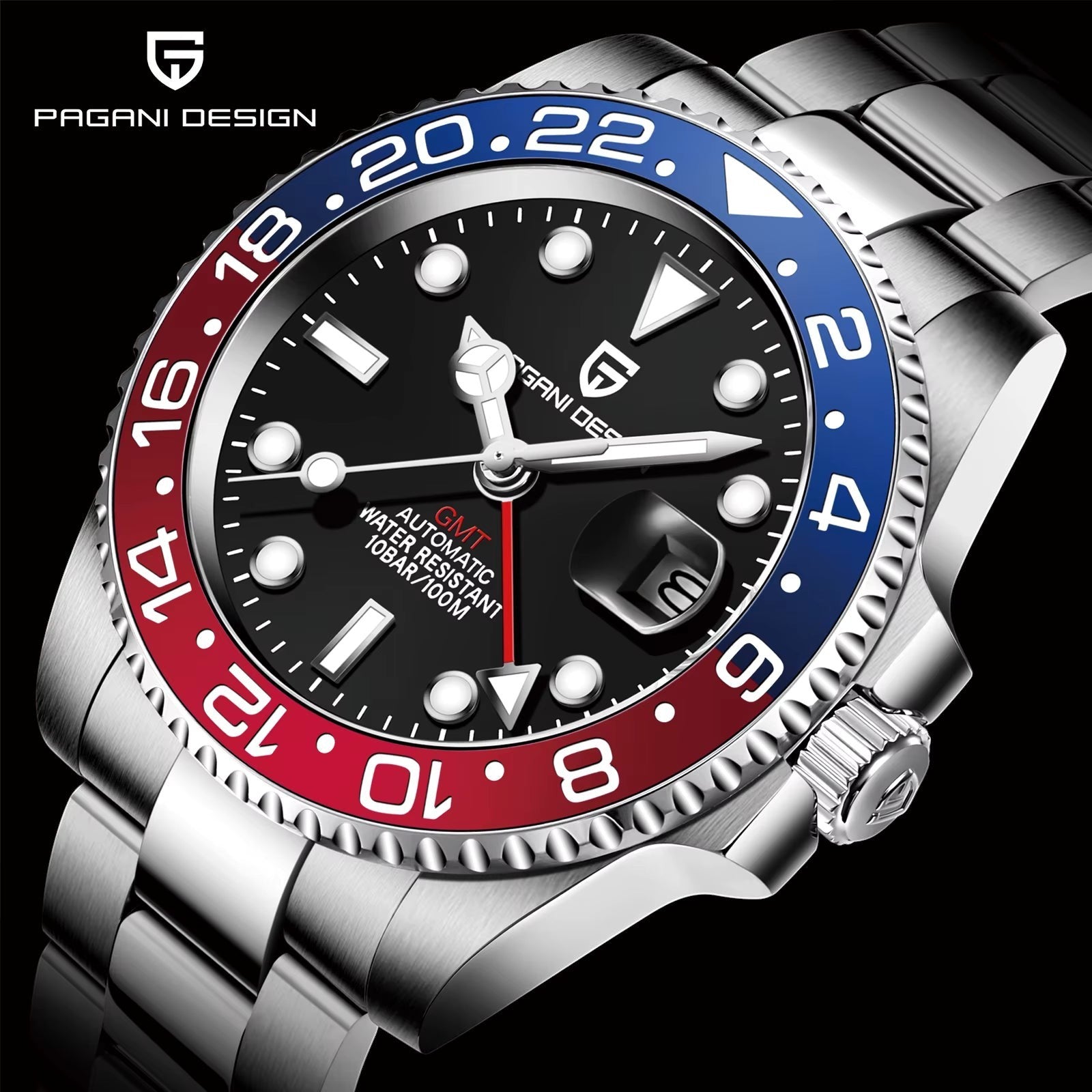 My Store PAGANI DESIGN automatic stainless steel GMT watch with a red and blue Pepsi bezel and black dial