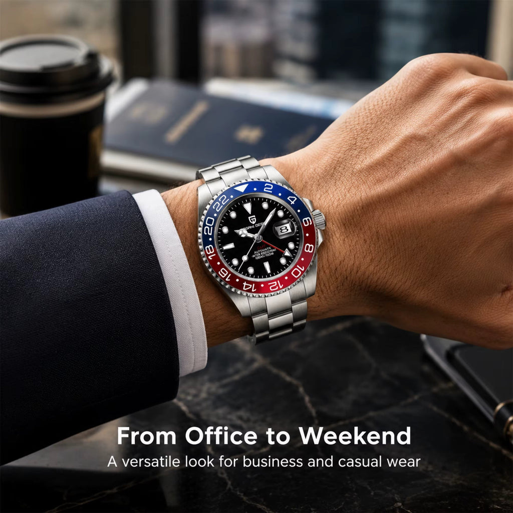 My Store PAGANI DESIGN automatic stainless steel watch with a red and blue Pepsi bezel worn on a man's wrist.