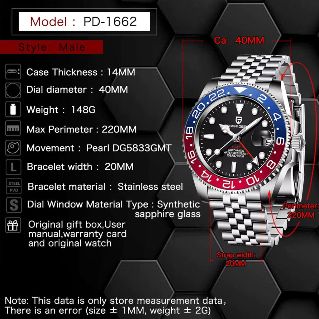 My Store PAGANI DESIGN stainless steel automatic watch with red and blue Pepsi bezel and link bracelet.