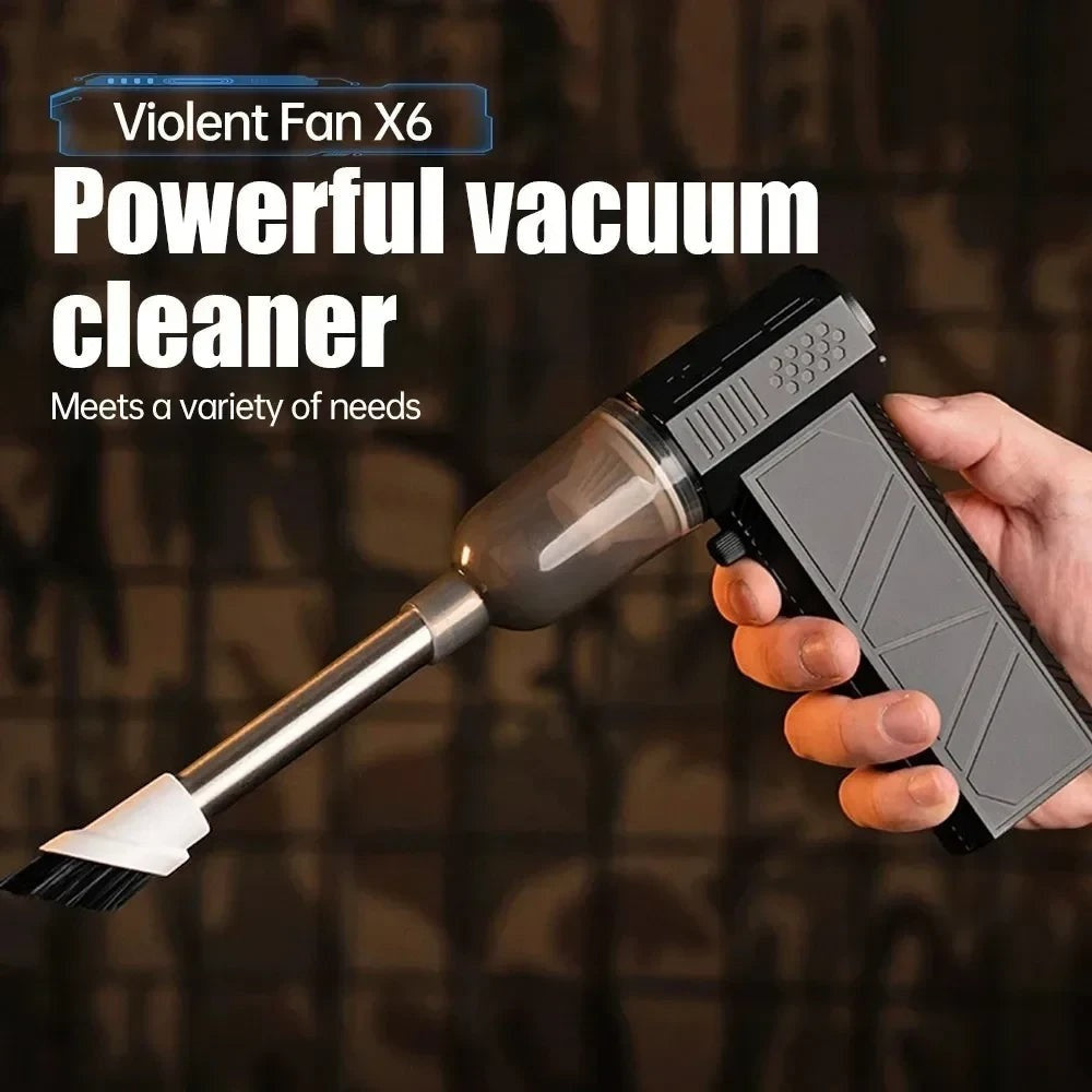 My Store portable handheld electric air duster with a grey and black ergonomic body, metal nozzle, and brush attachment.