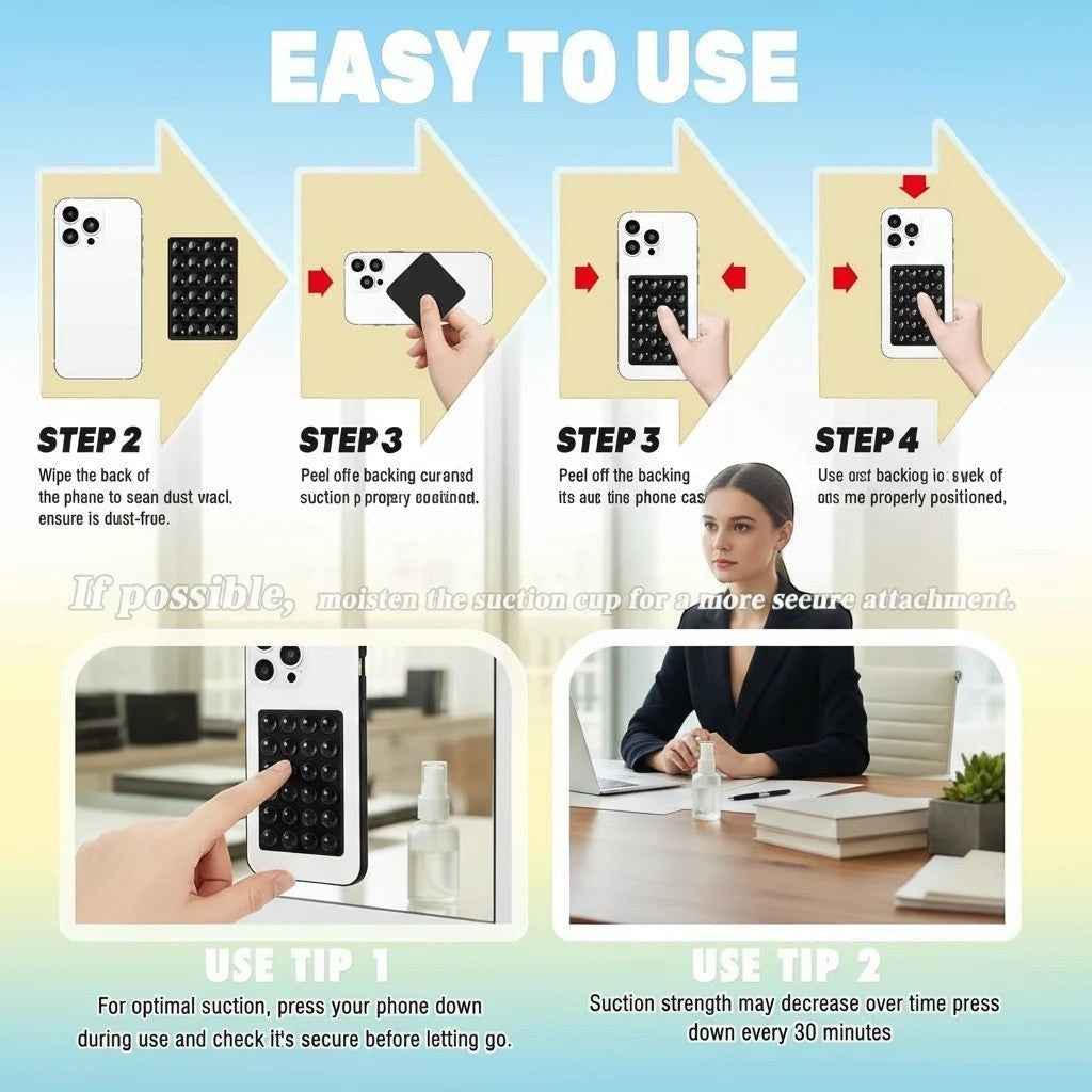 My Store universal silicone suction cup phone mount showing step-by-step application instructions and usage tips.