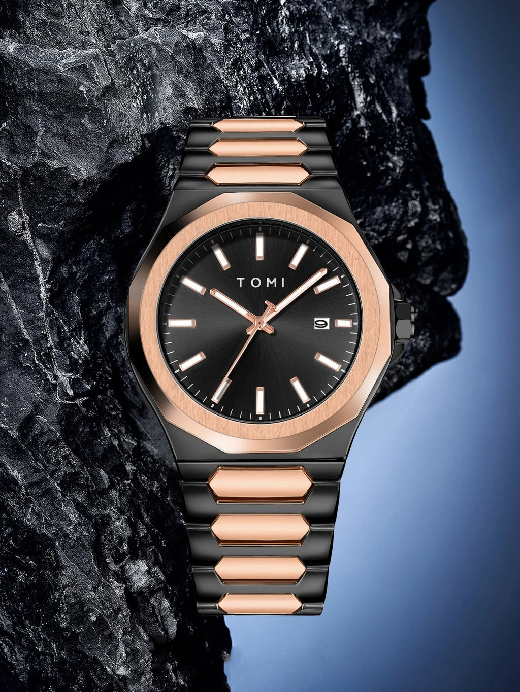 My Store TOMI luxury stainless steel wristwatch in black and rose gold with a minimalist dial and date window.