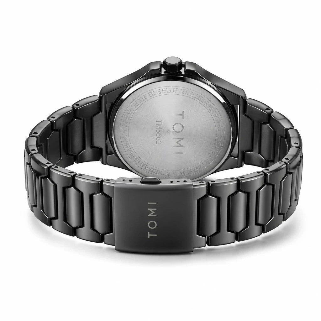 My Store TOMI luxury black stainless steel wristwatch showing the back case and deployment clasp detail