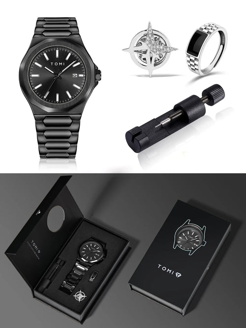 My Store TOMI luxury black stainless steel wristwatch gift set with matching ring and link adjustment tool in box