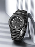 My Store TOMI luxury all-black stainless steel wristwatch with a minimalist dial and date window.