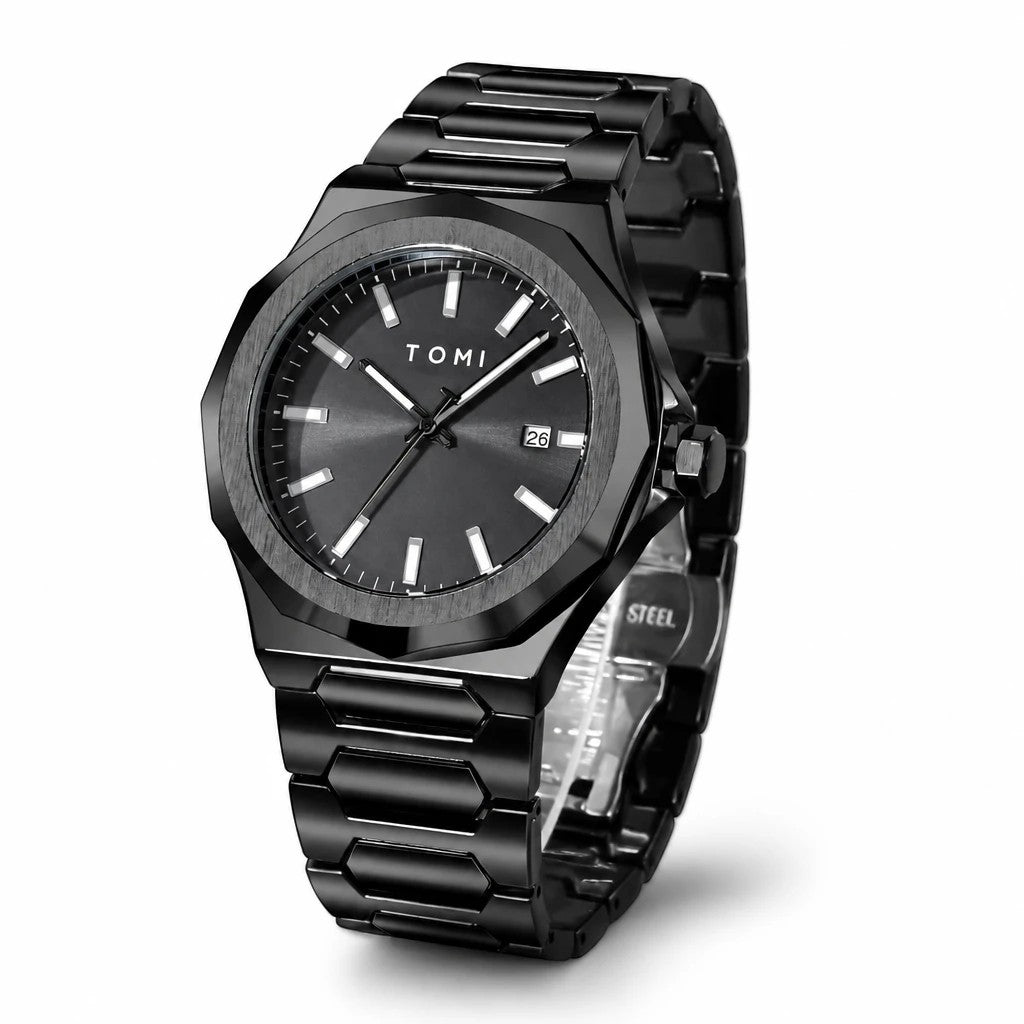 My Store TOMI luxury all-black stainless steel wristwatch with a minimalist dial and date window