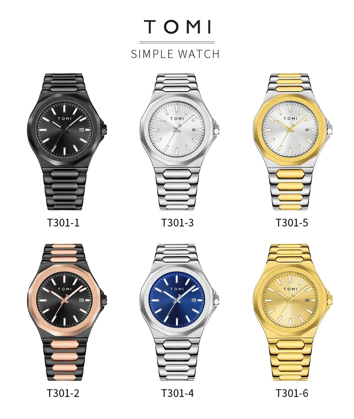 My Store TOMI luxury stainless steel wristwatches in six different metallic and two-tone color variations.