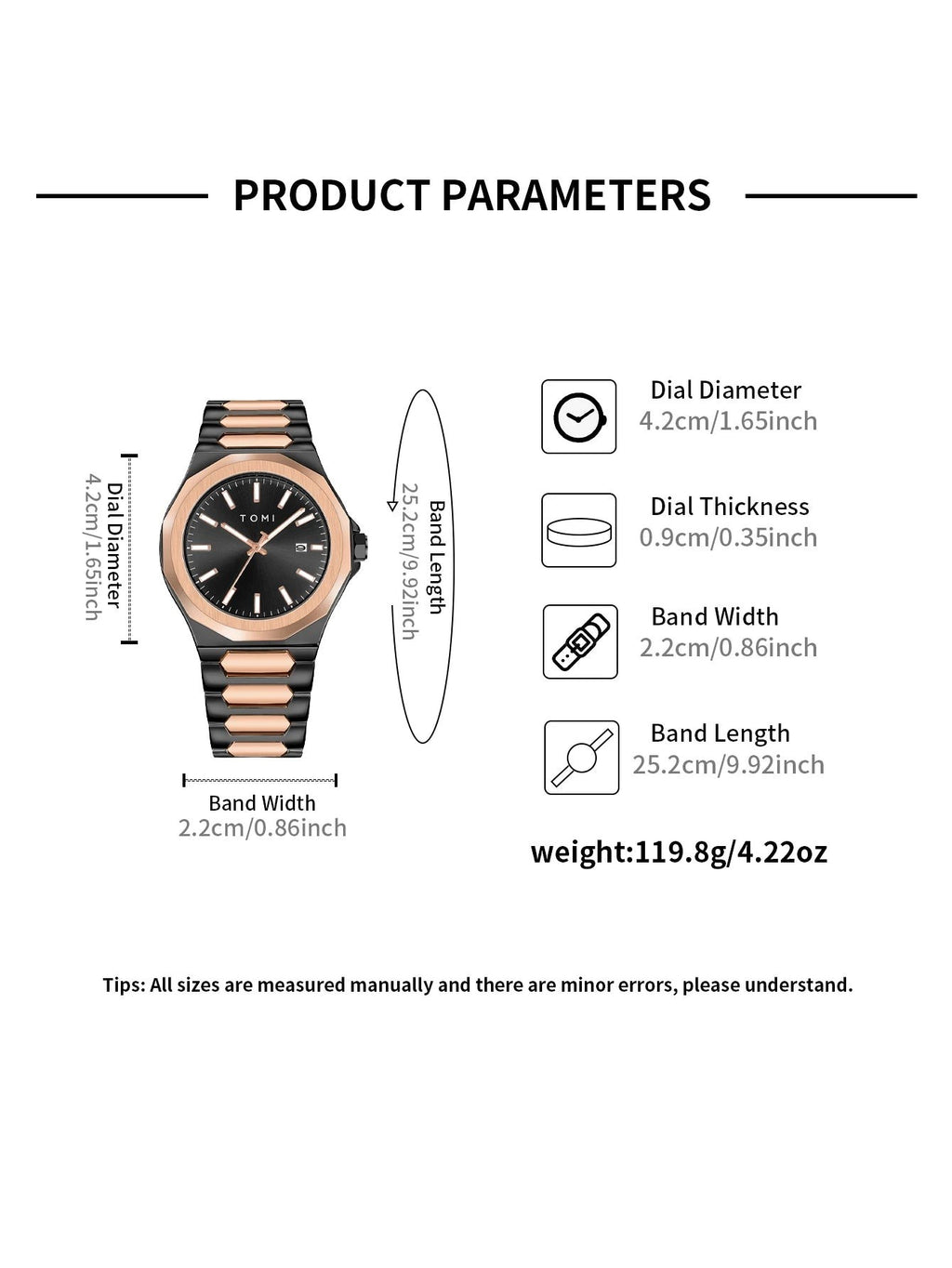 My Store TOMI luxury stainless steel wristwatch with black and rose gold finish showing technical size specifications.