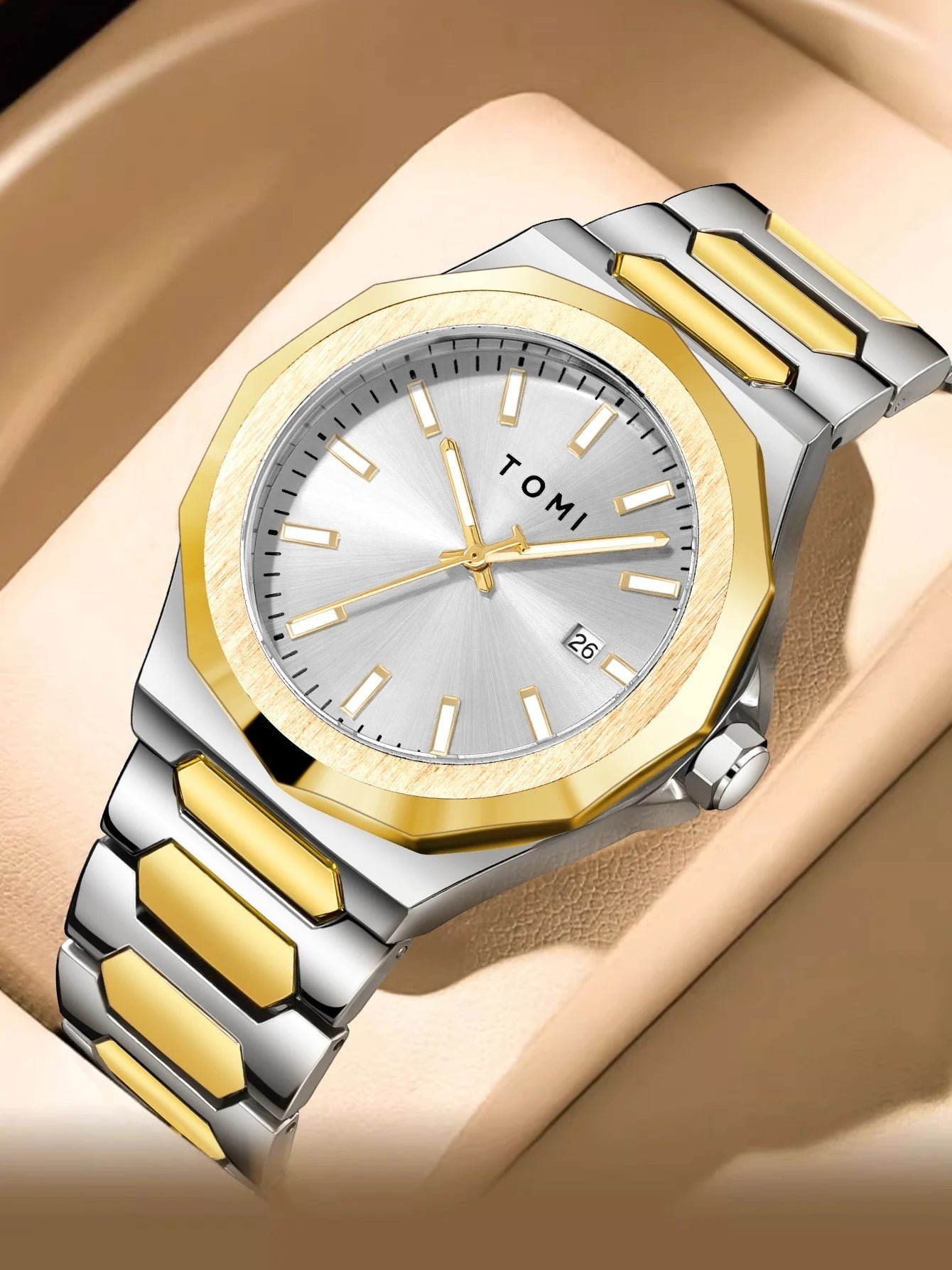 My Store TOMI luxury stainless steel wristwatch with a silver dial and two-tone gold and silver link bracelet